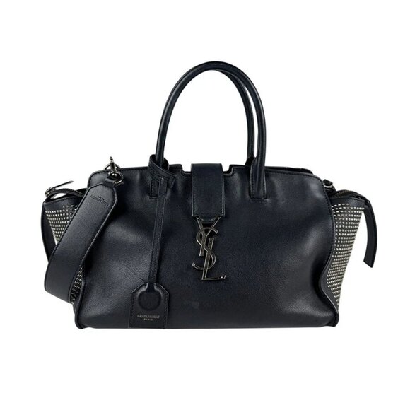 Auth SAINT LAURENT Downtown Cabas Handbag Shoulder Bag Black/Silver - Picture 1 of 15